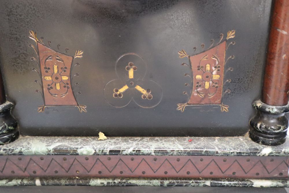 A Victorian black slate and rouge marble mantel clock, with French bell-striking movement, 43cm high